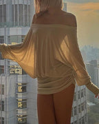Women's Sexy Loose See-through Bat Sleeve Off-the-shoulder Long Sleeve Mini-Pleated Dress