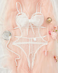 Sexy Floral Lace Bow Tie Open Crotch Hollow Polka Dot Mesh One-Piece Pajamas