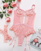 Sexy Lace Mesh Backless Ruffled Decoration Hollow Ring Buckle One-Piece Pajamas