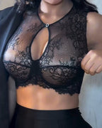 Black Sexy See-Through Lace Button Bra Top