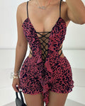 Sexy Leopard Print Low-Cut Hollow Lace-Up Backless Jumpsuit