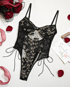 Women's Sexy Mesh Butterfly Embroidery Open Back Bodysuit
