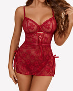 Sexy Floral Lace Mesh Side Slit Nightdress and Thong Set