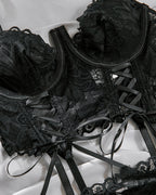 Sexy Lace Low-Cut Gathered String Bra and Thong Pajamas Set