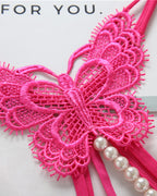 Sexy Lace Embroidery Crotchless Pearl Thong