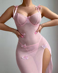 Butterfly Applique Mesh Sheer Slit Fitted Camisole Nightdress and Thong Set