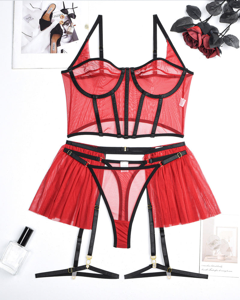 Sexy Mesh See-Through Pajamas Three-Piece Set