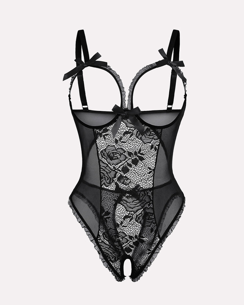 Sexy Flower Lace Mesh Stitching Chest Hollow Open Crotch One-Piece Pajamas
