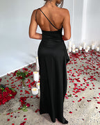 Women's Sexy One Shoulder Satin High Slit Cocktail Wedding Party Long Dress