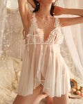 Sexy Ruffled Mesh See-Through Open Crotch Suspender Nightdress Set