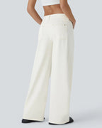 Asymmetric Low-Rise Zipper Pocket Loose Wide-Leg Washed Jeans