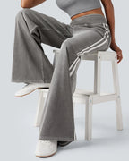 Casual High-Waist Striped Wide-Leg Washed Pocket Jeans