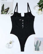 Retro Printed Mesh and PU Leather Cross-Strap Bow Bodysuit