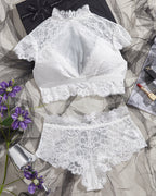 High Neck Lace Sheer Mesh Backless Bra Underwear Set