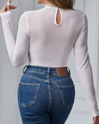 Sexy Round Neck Lace Mesh See-through Slim Long Sleeve Tights Bodysuit