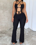Sexy Sleeveless Halterneck Backless Slightly Flared Wide-leg Jumpsuit
