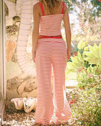 Women's Striped Print Casual Short Tube Top Wide-leg Pants Suit