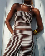 Women's Striped Print Casual Short Tube Top Wide-leg Pants Suit