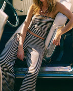 Women's Striped Print Casual Short Tube Top Wide-leg Pants Suit