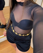 Sexy See-through High-neck Elastic Tight Long-sleeved Mesh T-shirt