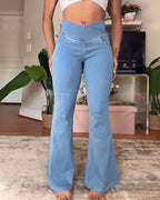 High-waisted Cross-pocket Stretch Flared Washed Casual Jeans