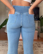 High-waisted Cross-pocket Stretch Flared Washed Casual Jeans