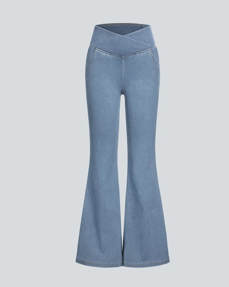 High-waisted Cross-pocket Stretch Flared Washed Casual Jeans