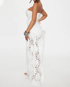 Fashionable Lace Tube Top Hollow Trousers Suit