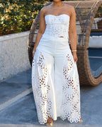 Fashionable Lace Tube Top Hollow Trousers Suit