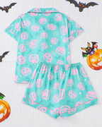 Casual Halloween Lapel Short-Sleeved Shorts Homewear Set
