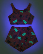 Halloween Flannel Luminous Pumpkin Ghost Print Vest and Elastic Waist Shorts Pajama Set