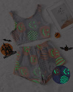 Halloween Flannel Luminous Pumpkin Ghost Print Vest and Elastic Waist Shorts Pajama Set