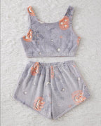 Halloween Flannel Luminous Pumpkin Ghost Print Vest and Elastic Waist Shorts Pajama Set