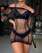 Halloween Cosplay Sexy Spider Web Hollow Long Sleeve Dress