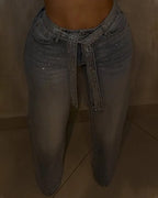 Diamond-Studded Vintage Washed Ribbon Straight-Leg Jeans