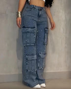 Multi-Pocket Diamond Casual Straight-Leg Jeans