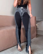 Colorblock Denim Pleated High-waist Jeans