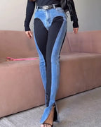 Colorblock Denim Pleated High-waist Jeans