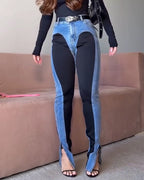 Colorblock Denim Pleated High-waist Jeans