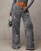 Women's Sequined Velvet Drawstring Loose Wide-Leg Straight Pants