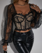 Lace Underwire Herringbone Long-sleeved Hook-eye Top