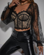 Lace Underwire Herringbone Long-sleeved Hook-eye Top
