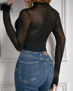 Sexy Mesh Splicing Velvet See-through Fur Long-sleeved Fishbone Top