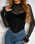 Sexy Mesh Splicing Velvet See-through Fur Long-sleeved Fishbone Top