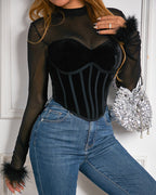 Sexy Mesh Splicing Velvet See-through Fur Long-sleeved Fishbone Top