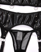 Sexy PU Leather Fishnet See-through Pajamas Set