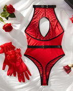 Diamond Print Mesh Splicing Hollow Halter Neck Sexy Bodysuit