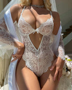 Sexy Deep V Lace Suspenders Open Crotch Bodysuit