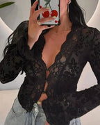 Women's Floral Lace See-through Ruffle Sleeve V-Neck Top