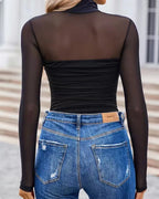Women's High Neck Mesh See-through Stitching Long Sleeve Body-shaping Stretch Bodysuit